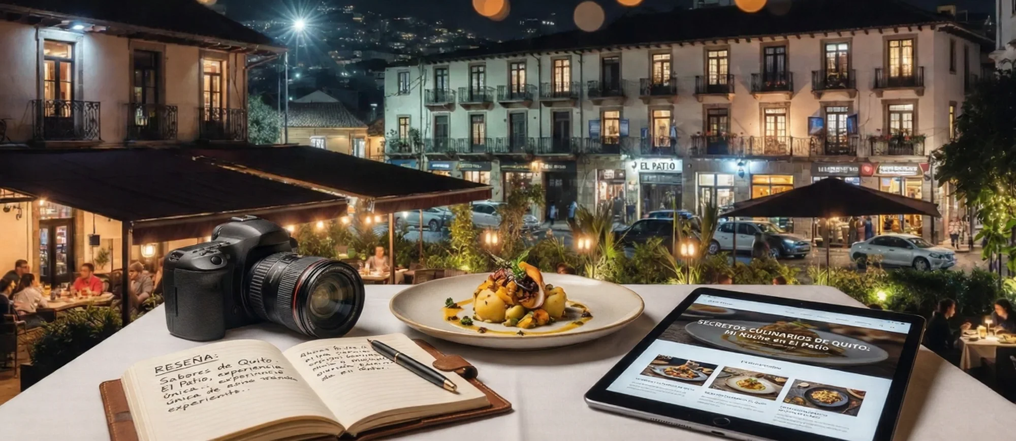 Reseña de restaurantes en el Centro Histórico de Quito: blog gastronómico con fotografía profesional, comida ecuatoriana y ambiente nocturno colonial.