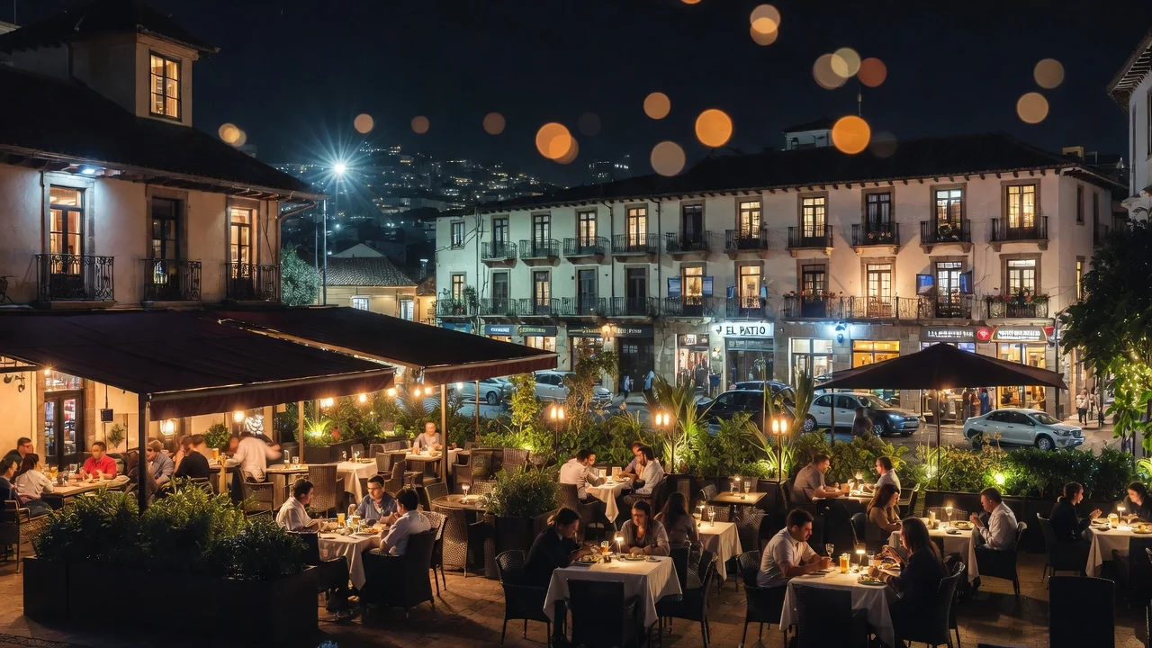 Restaurante con terraza en el Centro Histórico de Quito: ambiente acogedor y cena al aire libre con vista a los edificios coloniales de la capital.