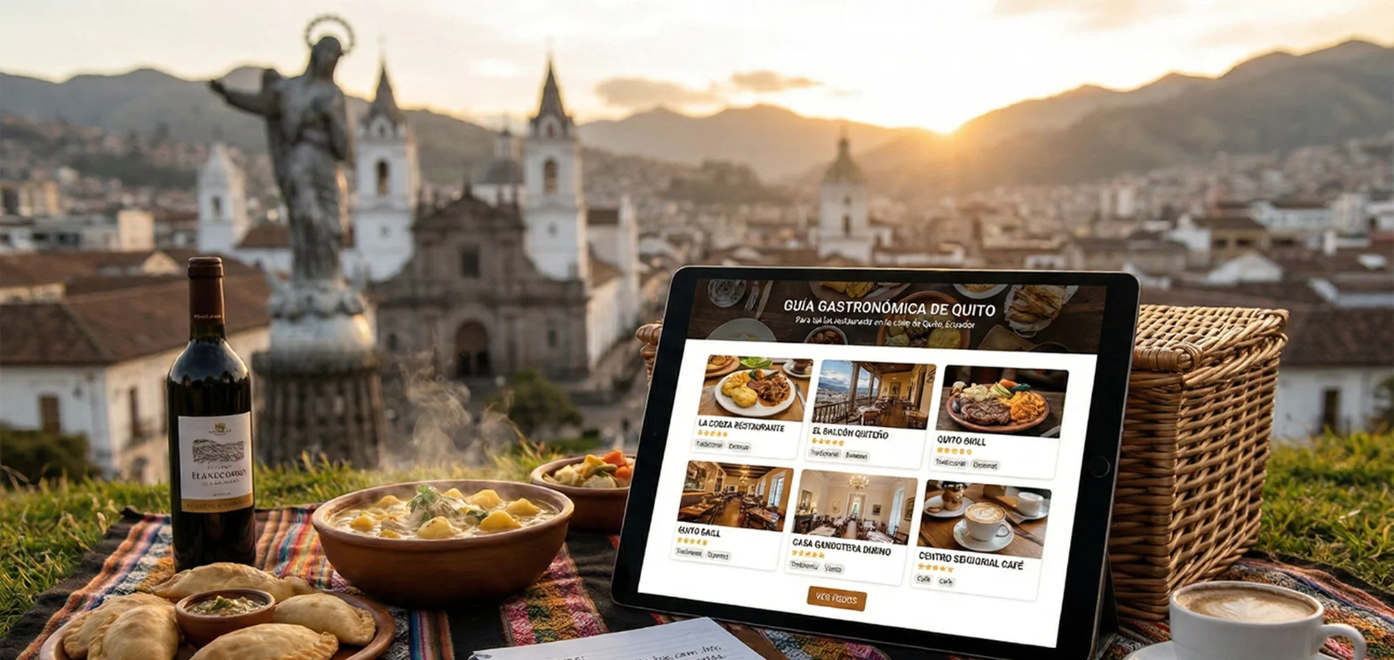 Directorio de Restaurantes en Quito: Guía gastronómica digital con recomendaciones locales, comida típica ecuatoriana y vista al Panecillo en el Centro Histórico.